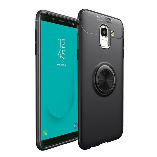 Samsung Galaxy J6 (2018) Mobiilirenkaalla Varustettu Muovi Takasuoja Kuori Magneetilla - Musta