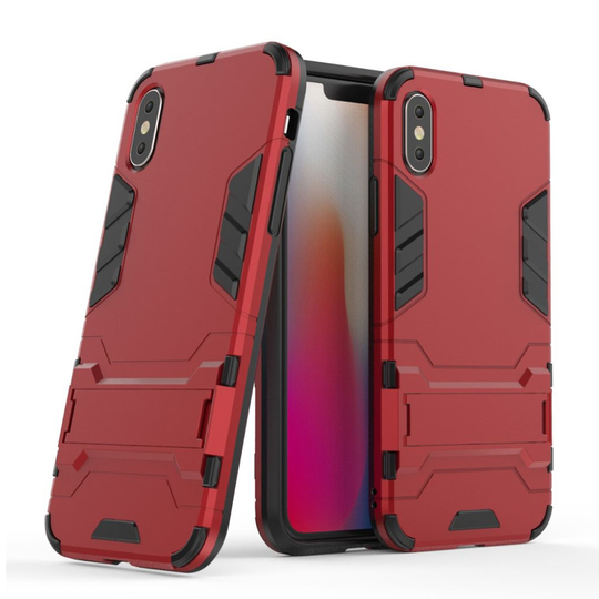iPhone XS Liukuestoinen metalli pintainen hybriidi muovinen takasuoja kuori jalkatuella - Punainen