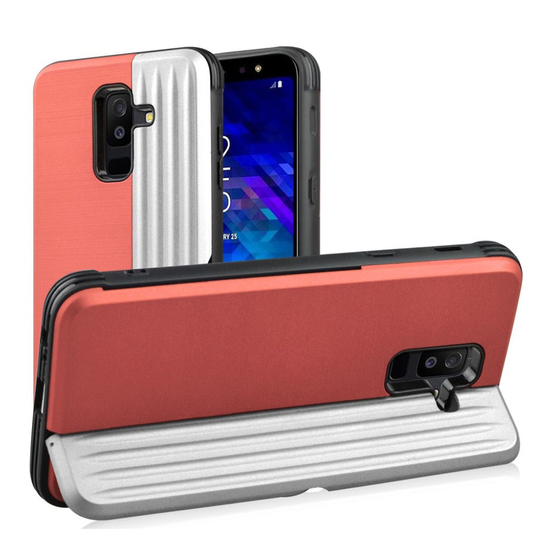 Samsung Galaxy A6 Plus (2018) hybriidi muovinen takasuoja kuori jalkatuella sekä kortti paikalla - Pinkki/ Hopea