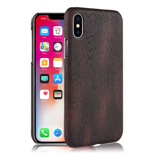 iPhone Xr Puun Rakenne Pintainen Synteetti Nahkainen Muovi Takasuoja Kuori - Musta