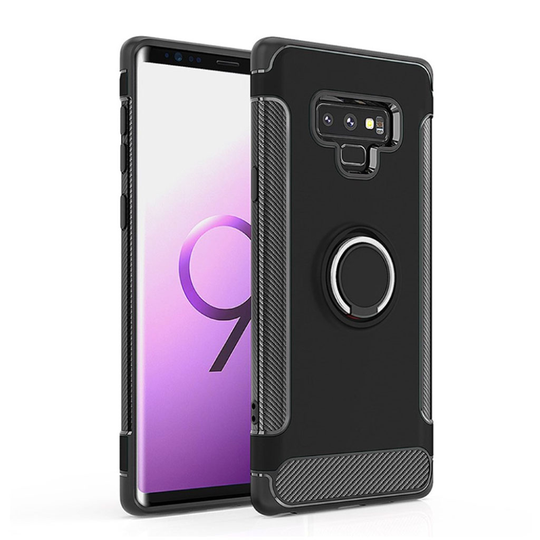 Samsung Galaxy Note9 ANGIBABE Hiilikuitu Harjattu Hybriidi Takasuoja Kuori Sormirenkaalla - Musta