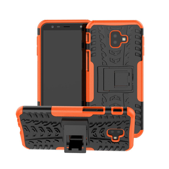 Samsung Galaxy J6 Plus (2018) hybriidi muovinen liukuestoinen takasuoja kuori jalkatuella - Oranssi