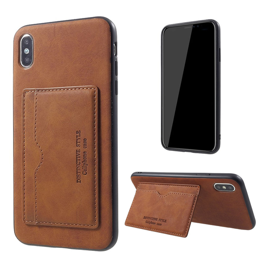 iPhone 9 Plus Synteetti Nahkainen Takasuoja Kuori Korttipaikalla - Ruskea