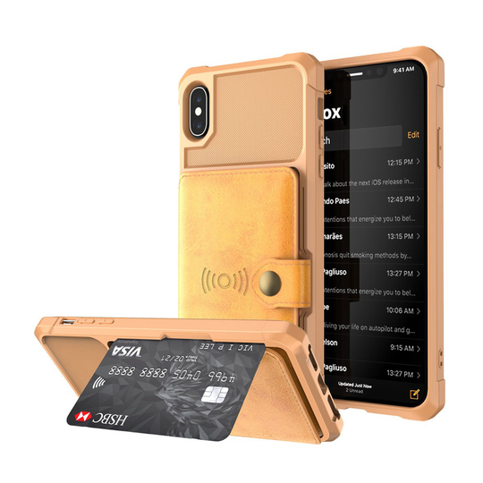 iPhone XS silikooni muovinen takasuoja kuori missä synteetti nahakinen lompakko ja jalkatuki - Ruskea