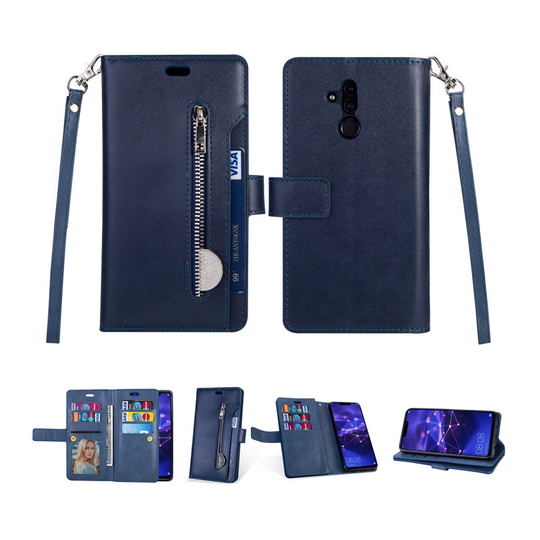 Huawei Mate 20 Lite vetoketjullinen synteetti nahka suojakotelo useilla kortti paikalla - Tumman Sininen