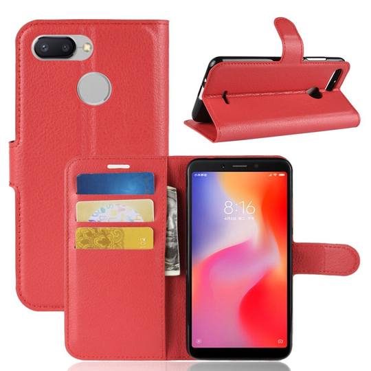 Xiaomi Redmi 6 liitsihedelmä jyvä pintainen synteetti nahkainen lompakko suojakotelo - Punainen