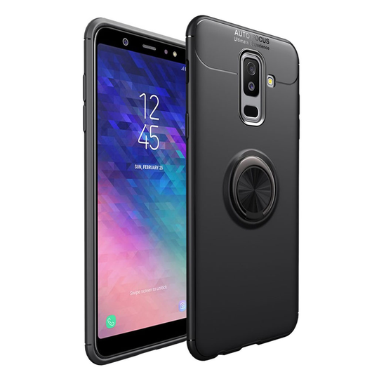 Samsung Galaxy A6 Plus (2018) Mobiilirenkaalla Ja Magneetilla Varustettu Muovinen Takasuoja Kuori - Musta