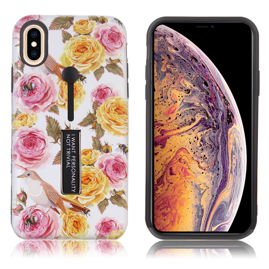 iPhone Xs Max Kukka kuviollinen hybriidi muovinen takasuoja kuori jalkatuella - Keltaiset Peonit