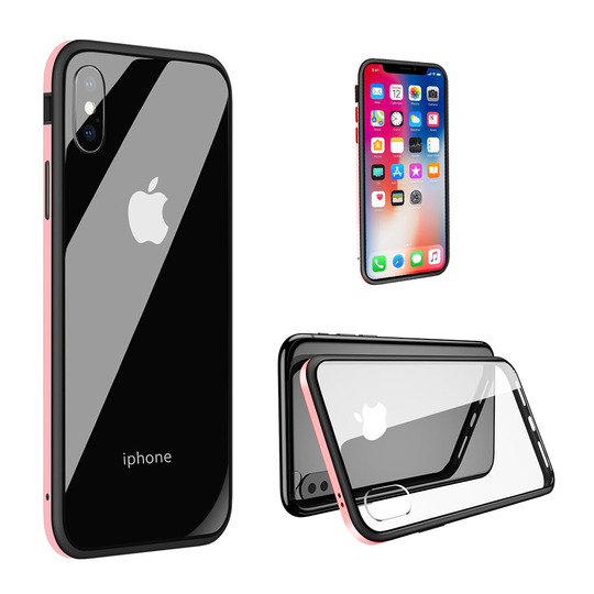 iPhone Xr SULADA hybriidi takasuoja kuori missä karkaistu lasi sekä metalli ja muovi - Pinkki