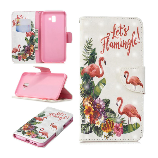 Samsung Galaxy J6 Plus (2018) kimalle koristeltu kuviollinen synteetti nahka lompakko suojakotelo - Flamingo Ja Kukat