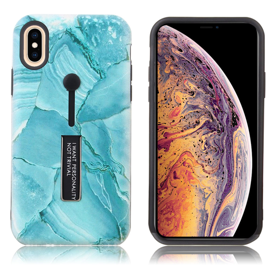 iPhone Xs Max Marmori kohokuviollinen hybriidi muovinen takasuoja kuori jalkatuella - Sininen