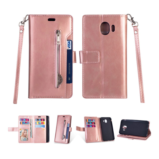 Samsung Galaxy J4 (2018) vetoketjullinen nahkainen flip suojakotelo - Punakulta