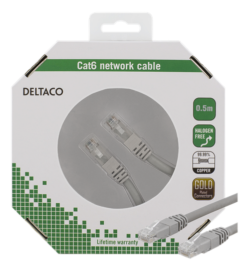 U/UTP Cat6 -laitekaapeli, 0,5 M, 250 MHz, Delta-sertifioitu, LSZH, Harmaa