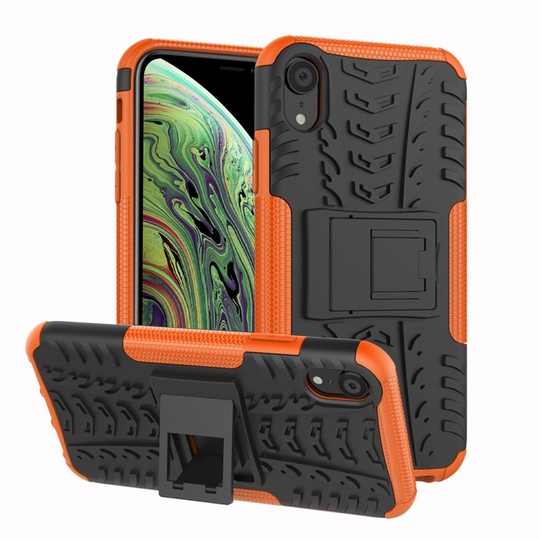 iPhone XS Liukuestoinen rengas pintainen hybriidi muovinen takasuoja kuori jalkatuella - Oranssi