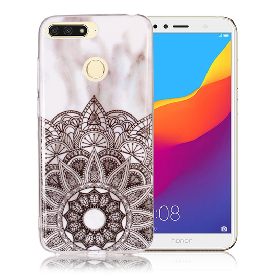 Huawei Honor 7A Marmori IMD Kuviollinen Pehmeä Muovinen Takasuoja Kuori - Mandala/ Valkoinen