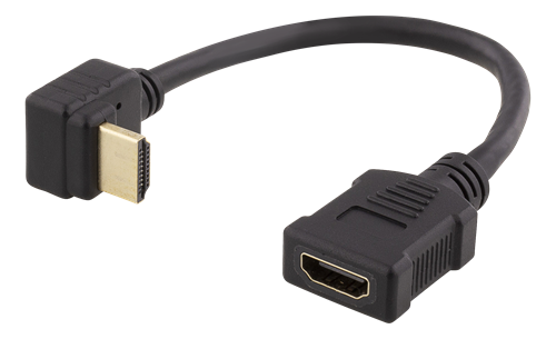 HDMI-sovitin, 0,2 M, Taipuisa Kaapeli, Alapuolelta Lovitettu Kulmaliitin, Uros - Naaras, UHD, Musta