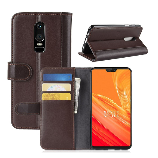 OnePlus 6 Aito Nahkainen Seisova Lompakko Suoja Kotelo Korttipaikoilla - Ruskea