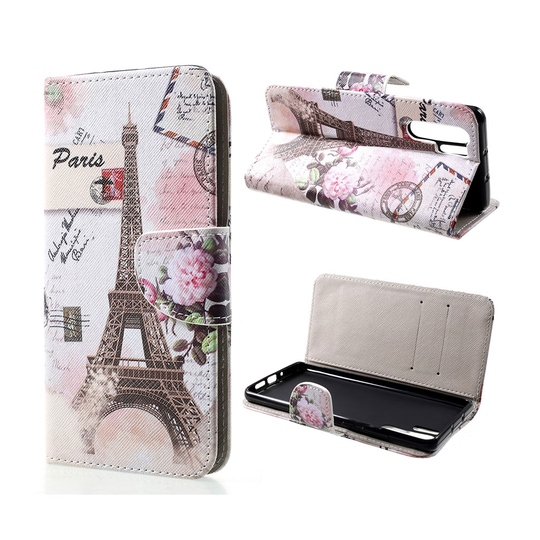 Huawei P30 Pro risti pintainen nahkainen flip suojakotelo - Eiffel Torni ja Kukka