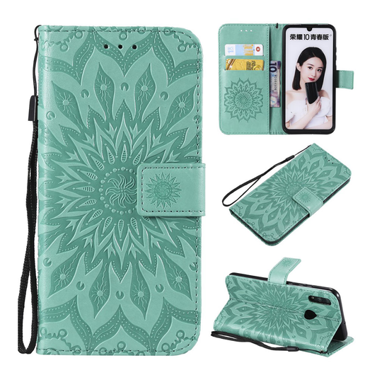 Huawei P Smart 2019 painettu auringonkukka nahkainen flip suojakotelo - Sinivihreä