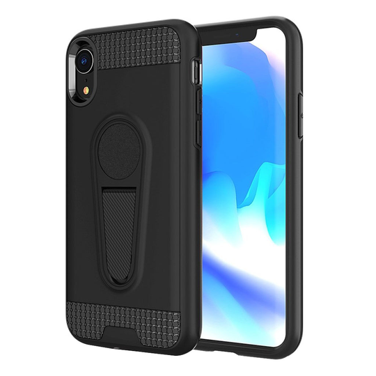 iPhone 9 Hiilikuitu Harjattu Hybriidi Muovinen Takasuoja Kuori Jalkatuella - Musta