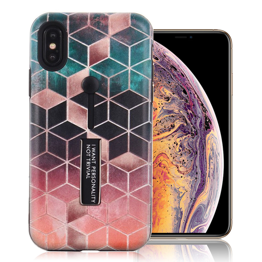 iPhone Xs Max vinoneliö kuviollinen hybriidi muovinen takasuoja kuori jalkatuella - Ruusu Kulta