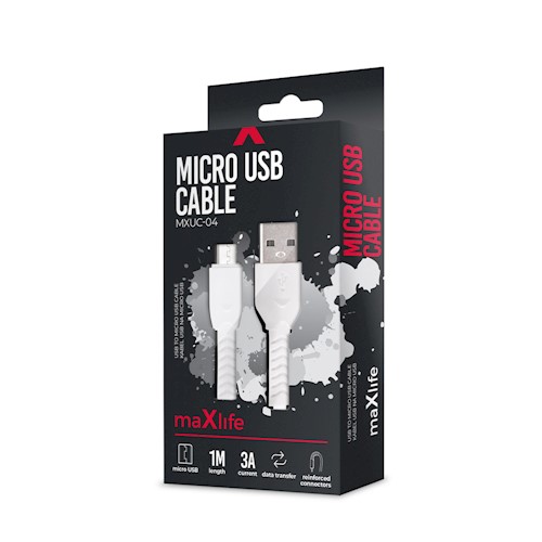 Maxlife MXUC-04 USB - microUSB Kaapeli 1m 3A - Valkoinen