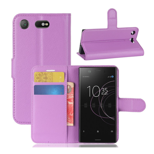 Sony Xperia XZ1 Compact litsi tekstuurinen nahkakotelo - Violetti