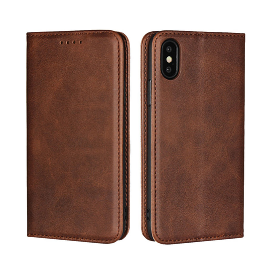 iPhone XS magneettinen lompakko suojakotelo muovista pinnoitettu hehkuvalla synteetti nahalla - Kahvi