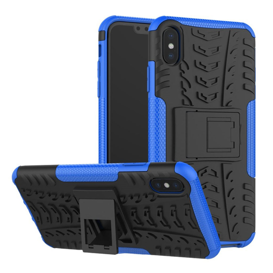 iPhone Xs Max Karu hybriidi muovinen takasuoja kuori jalkatuella - Sininen