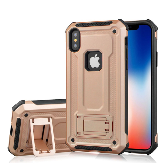 iPhone Xs Max hybriidi muovinen takasuojakuori jalkatuella - Ruusu Kulta