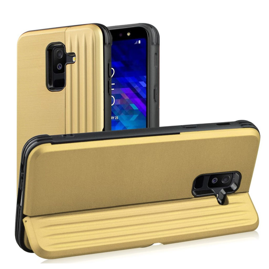 Samsung Galaxy A6 Plus (2018) hybriidi muovinen takasuoja kuori jalkatuella sekä kortti paikalla - Kulta