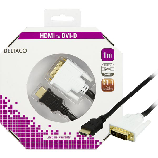 DELTACO HDMI ur - DVI-D Single Link ur musta/valkoinen 1m
