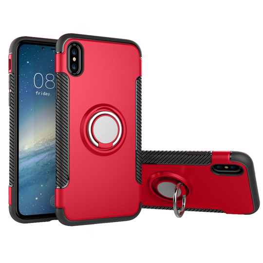 iPhone XS hiilikuitu harjattu hybriidi muovinen takasuoja kuori sormirenkaalla - Punainen