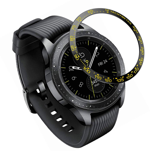 Samsung Galaxy Watch (42mm) stainless steel bezel - Black Ring Yellow Text