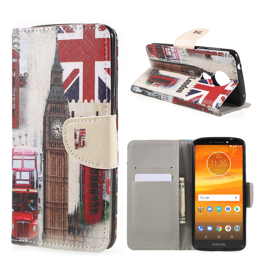 Motorola Moto E5 Plus Kuviollinen Seisova Nahka Lompakko Kuori - Big Ben ja UK Lippu