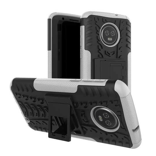 Motorola Moto G6 Plus tyre pattern kickstand hybrid case - White