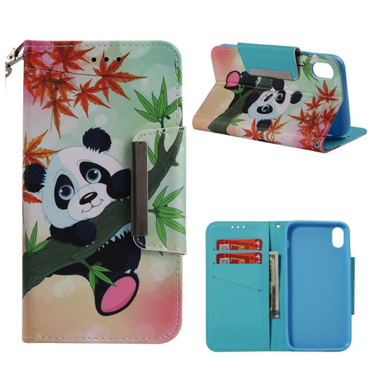 iPhone Xs Max Synteetti Nahkainen Kuviollinen Lompakko Suojkotelo Mobiilirannekkeella - Panda Haaralla