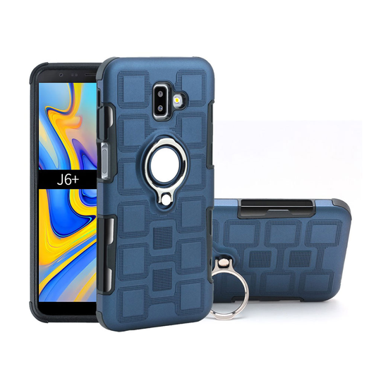 Samsung Galaxy J6 Plus (2018) hybriidi takasuoja kuori kuviollisesta muovista missä magneetti ja sormirengas - Tumman Sininen