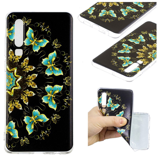 Huawei P30 kuosillinen joustava Suojakotelo - Kulta ja Siniset Perhoset