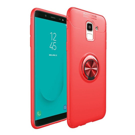 Samsung Galaxy J6 (2018) Mobiilirenkaalla Varustettu Muovi Takasuoja Kuori Magneetilla - Punainen