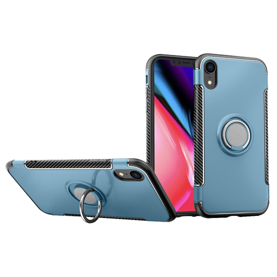 iPhone Xr Hiilikuitu harjattu hybriidi muovinen takasuoja kuori jalkatuella - Vaalean Sininen