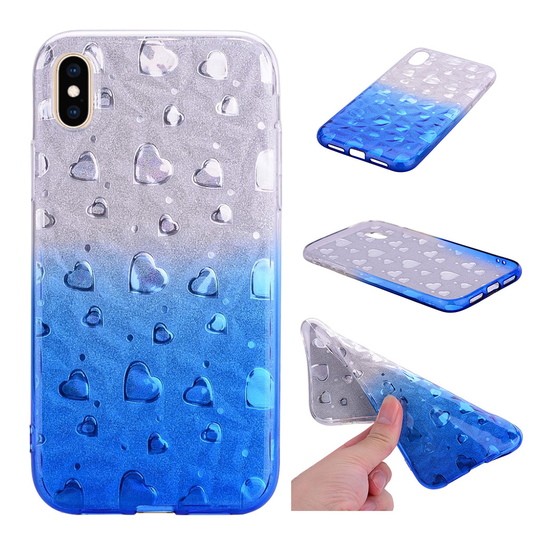 iPhone 9 Plus Metallinen Värikäs 3D kuviollinen Pehmeä Muovinen Takasuoja Kuori Sydämillä - Sininen