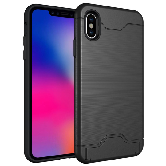 iPhone 9 Plus Harjattu Pintainen Hybriidi Muovinen Takasuoja Kuori Salaisella Korttipaikalla - Musta