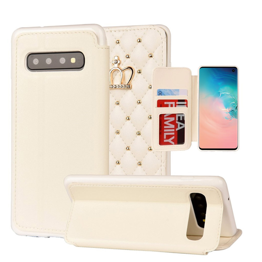 Samsung Galaxy S10 rhombus crown leather case - White