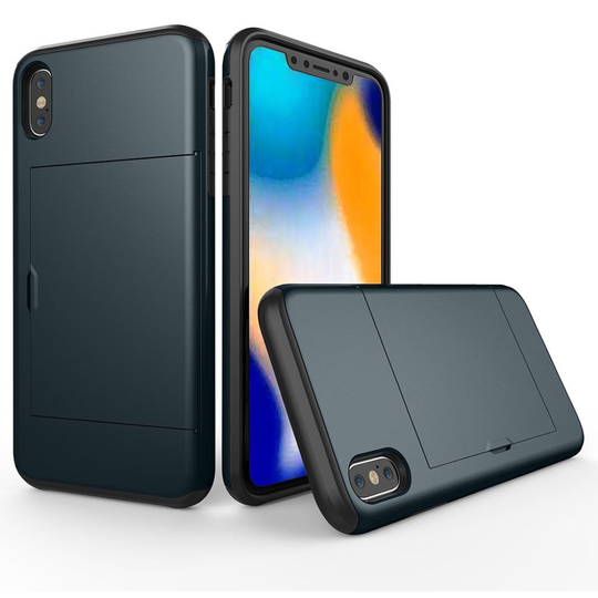 iPhone 9 Plus Hybriidi Matta Metalli Muovinen Takasuoja Kuori Kortti Paikalla - Tumman Sininen