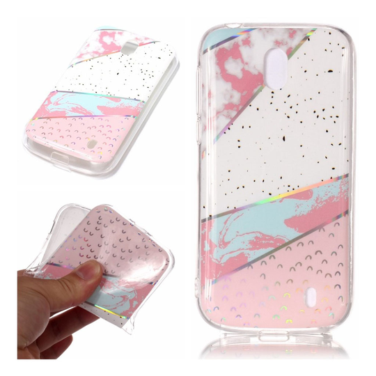 Nokia 1 IMD Marmori Kuviollinen Pehmeä TPU Takasuoja Kuori - Pinkki/ Valkoinen