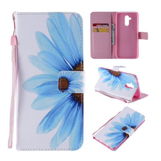 Huawei Mate 20 Lite kuviollinen synteetti nahkainen lompakko suojakotelo magneetti lukolla ja mobiilirannekkeella - Sininen Kukka