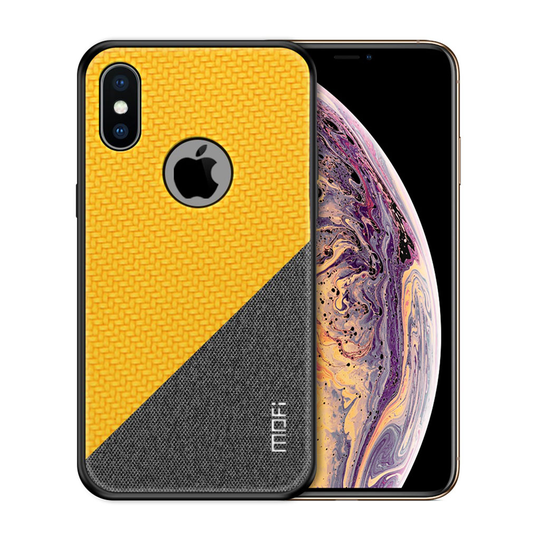 iPhone XS kaksisävyinen MOFI hybriidi muovinen suojakuori kudotulla synteetti nahalla - Keltainen