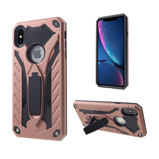 iPhone Xs Max iskukestävä harjattu hybriidi muovinen takasuoja kuori jalkatuella - Ruusu Kulta