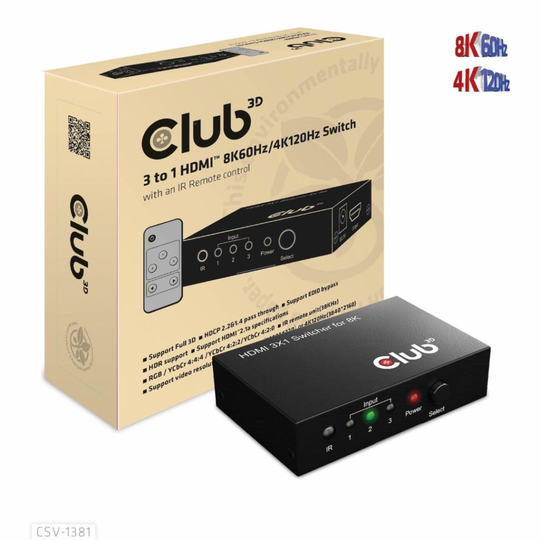 CLUB 3D 3 To 1 HDMI 8K60Hz Switch